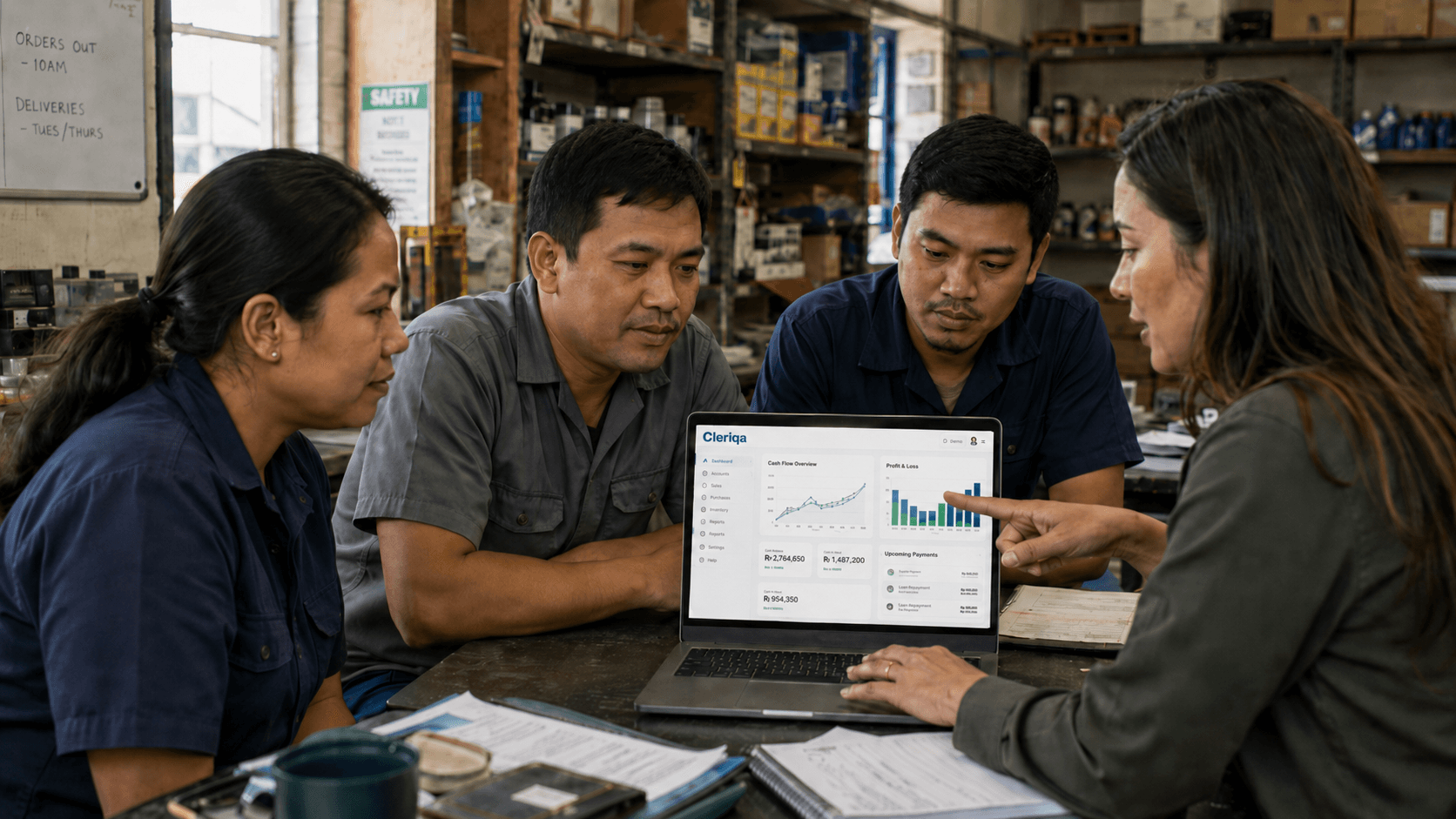 SME finance discussion around a laptop dashboard